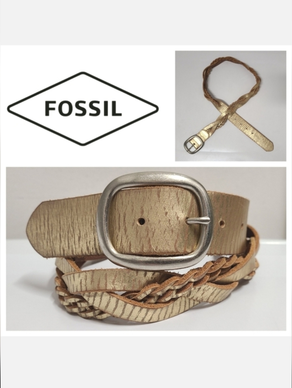 Fossil Vintage Braided Leather Belt Gold Metallic 1½" Sz 32/M
